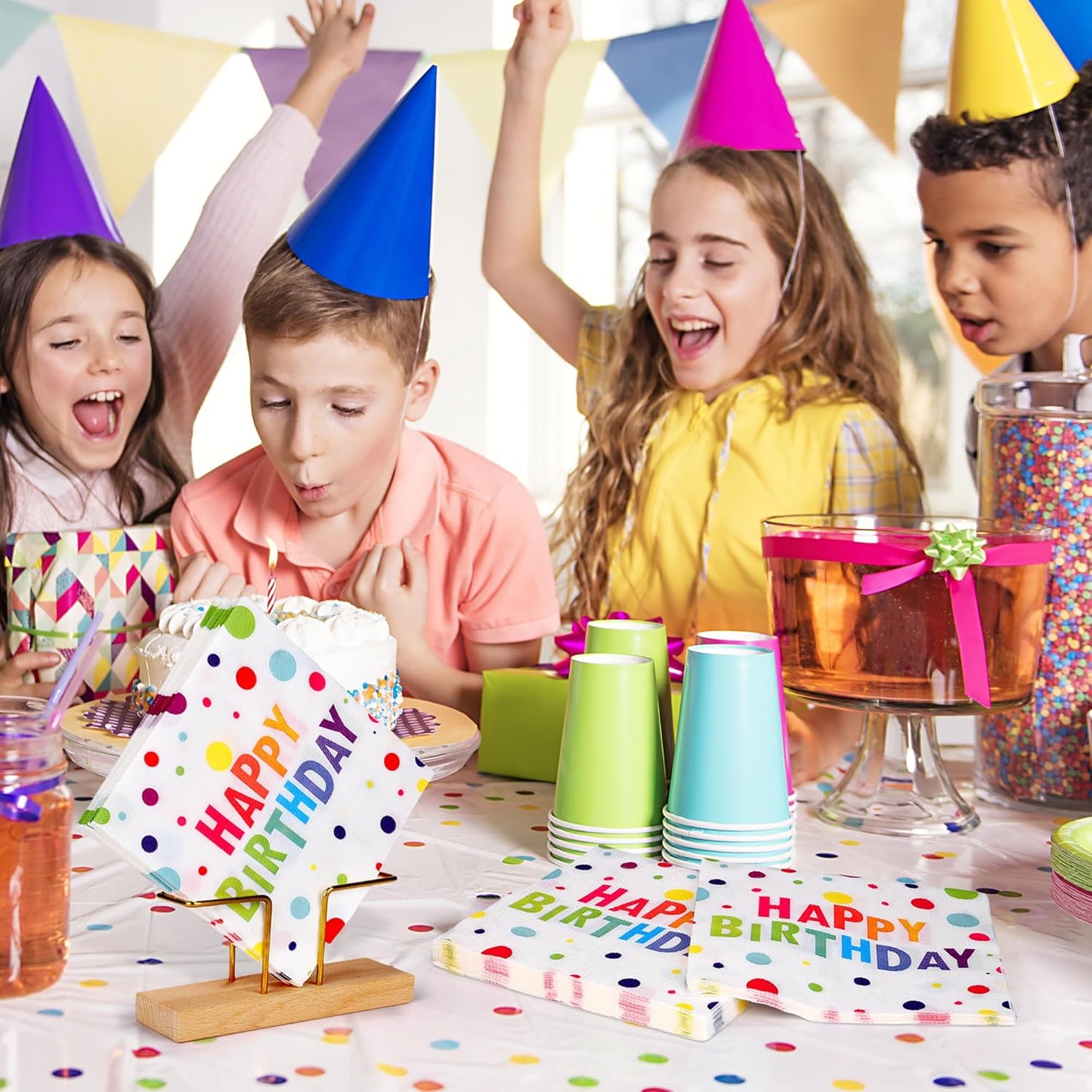 Aodaer 48 Pieces Happy Birthday Paper Napkins Disposable Rainbow Napkins Colorful Cocktail Dinner Napkin Set 13" x 13" Unfolded Tableware Napkin for Rainbow Party Supplies Birthday Party Decoration