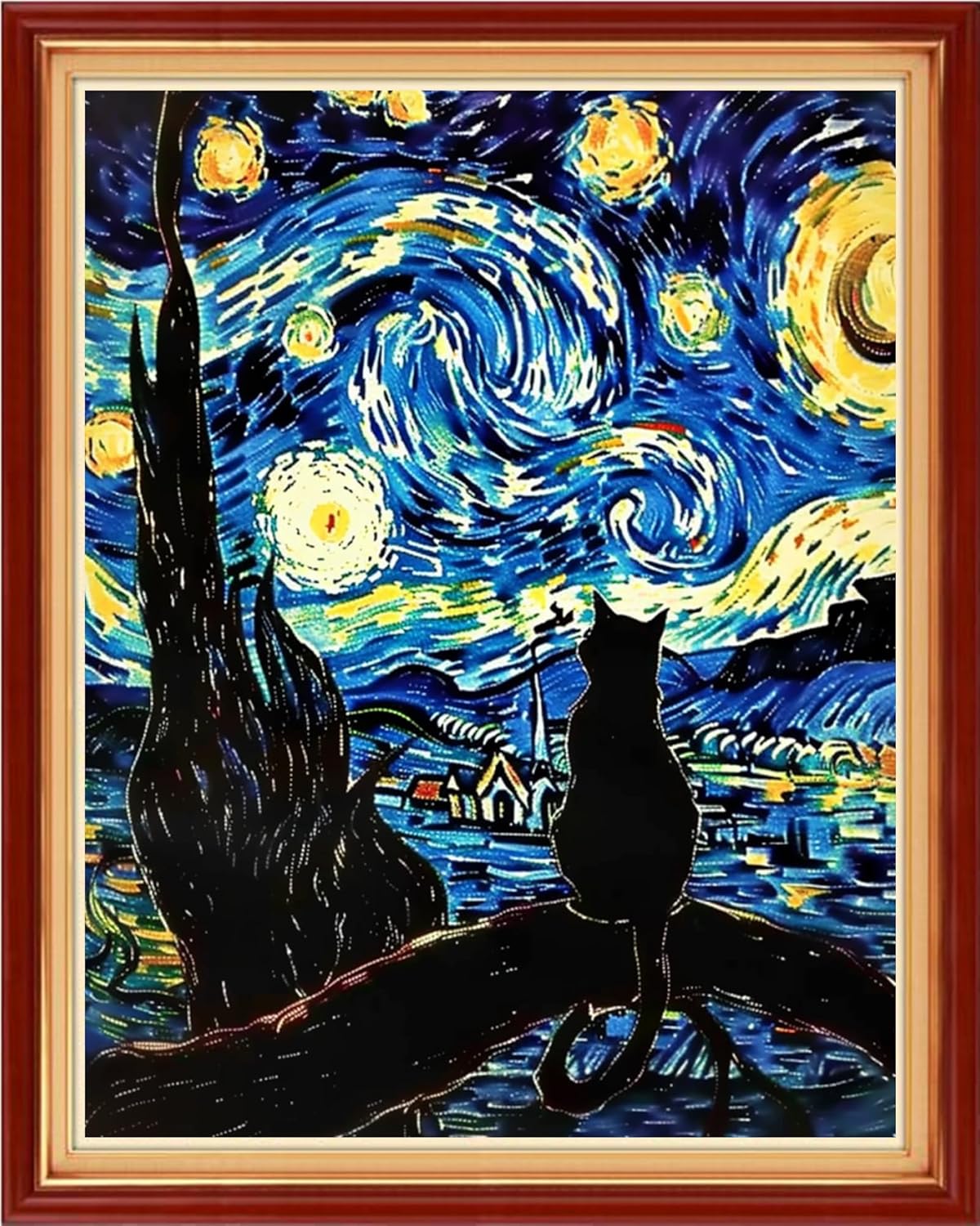 Funchey Stamped Cross Stitch Kits, DIY Cross Stitch Pattern for Adults Beginners Needlepoint Kits Embroidery Kit Arts and Crafts 11CT-Van Gogh Starry Sky Cat Admiring Moon 16x20 inchs