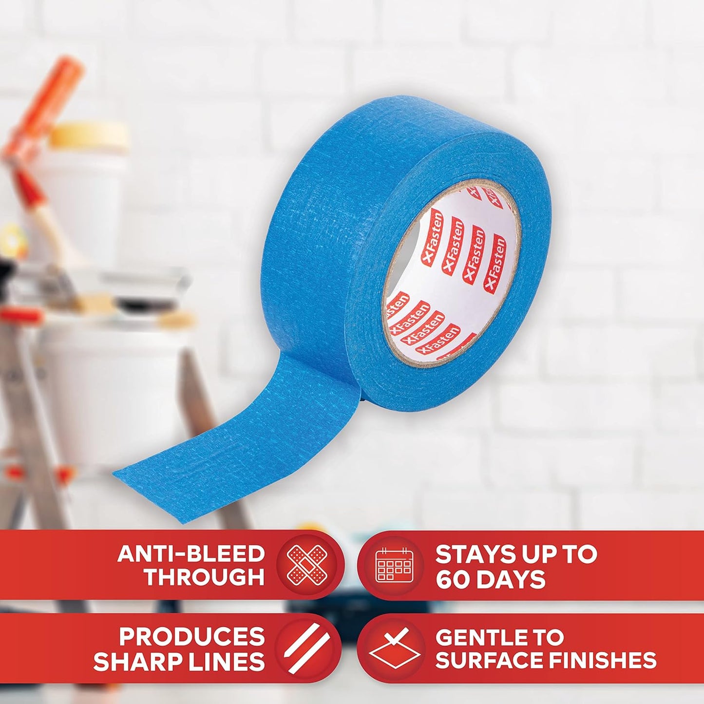 XFasten Professional Blue Painters Tape 2.5-Inches x 60-Yards (Single Pack) Blue Painters Masking Tape Bulk - Sharp Edge Line Technology, Produces Sharp Lines | Residue-Free Wall Trim Tape