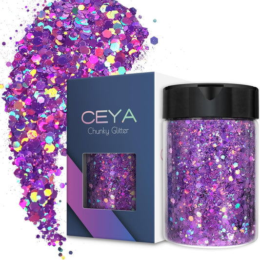 Ceya Holographic Chunky Glitter, 4.9oz/ 140g Light Purple Craft Glitter Powder Mixed Chunky & Fine Flakes Iridescent Nail Sequins for Nail, Hair, Epoxy Resin, Tumblers, Slime, Painting, Festival Decor