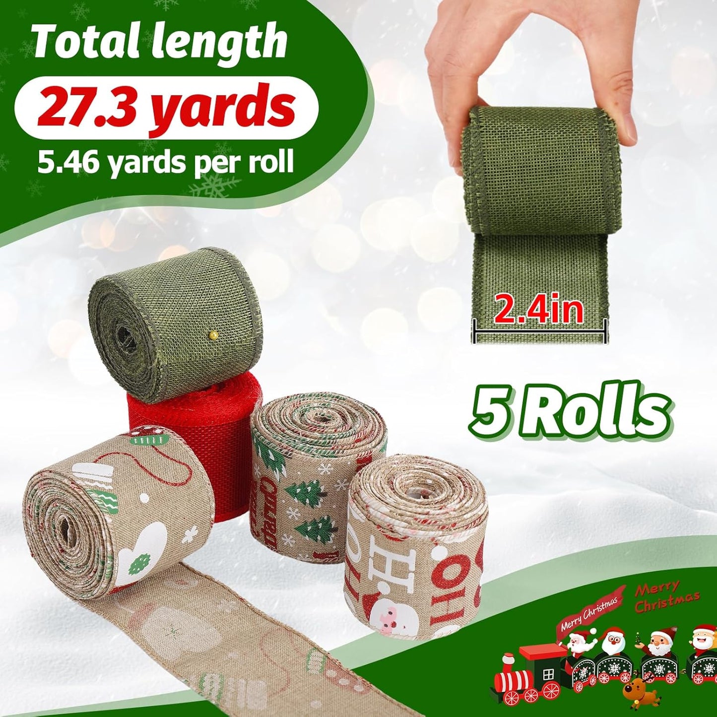 5 Colors Wreaths Burlap Ribbon- Total 27.3yards Christmas Xmas Wired Edge Ribbon for Gift Wrapping Bows Rustic Crafts Supplies Weddings Holiday Decorations - 2.4in Wide