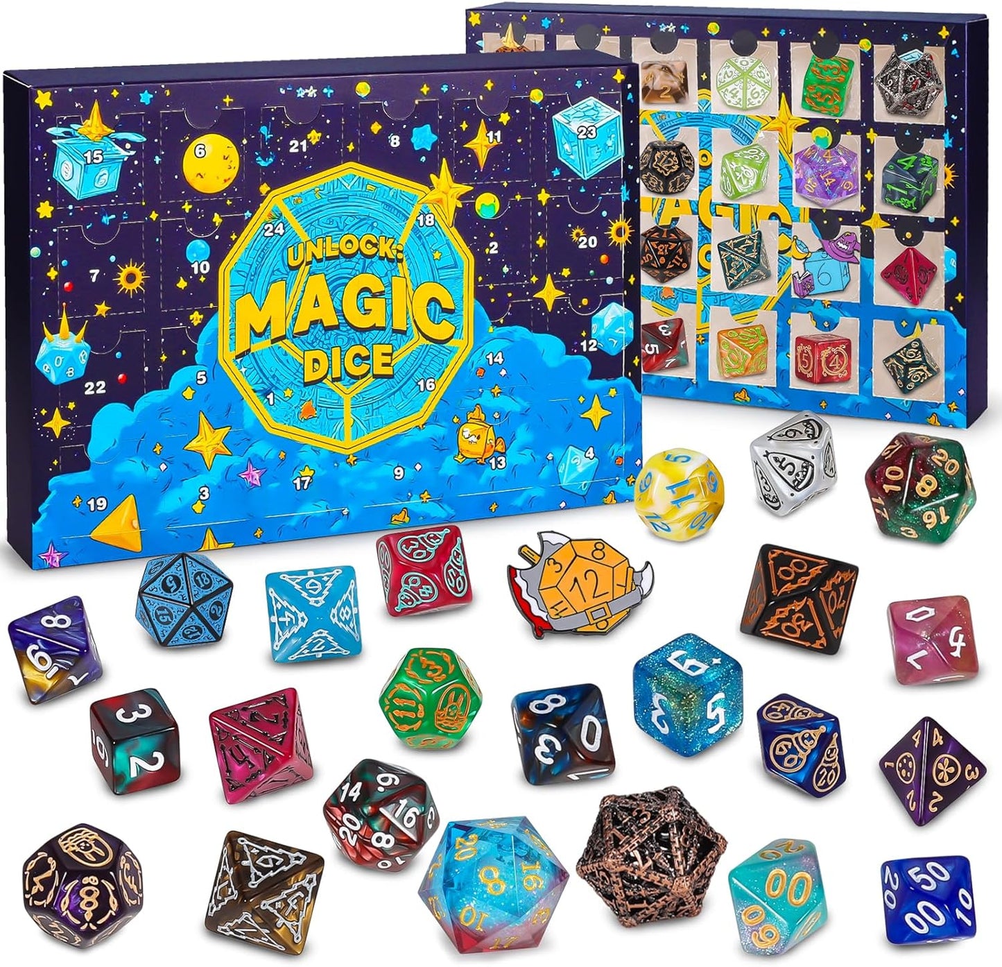 QMAY Polyhedral Dice - 24 Pcs Mystery Dice Box, Random Styles Dice & Pins Badges, Bulk DND Dice, Dice Advent Calendar, D&D Gifts, Great for Dungeons and Dragons, RPG, MTG,Role Playing Table Game