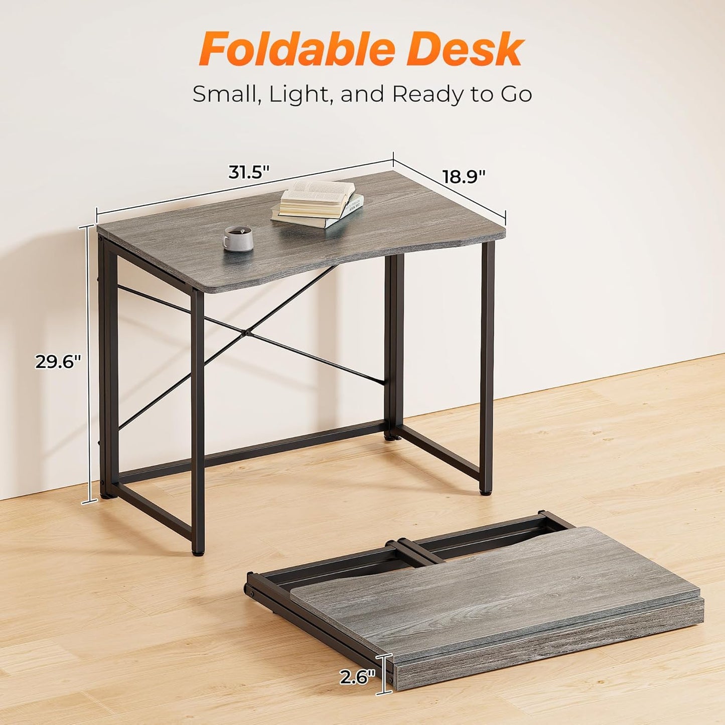 Huuger Folding Desk for Small Spaces, 31.5 Inch Foldable Computer Table, for Home Office, Study, Bedroom, Dorm, Space Saving, Small Writing Work Office Computer Desk, Easy to Fold, Grey
