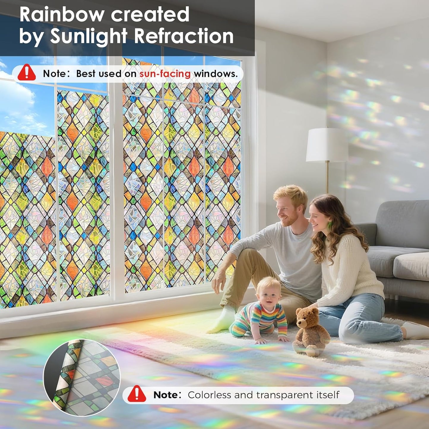 Window Privacy Film Rainbow Film Stained Glass 3D Static Cling Decorative Window Sticker for Bathroom,Front Door,Home Heat Control UV Blocking Non Adhesive,Diamond Grid 35.4 x 78.7inches