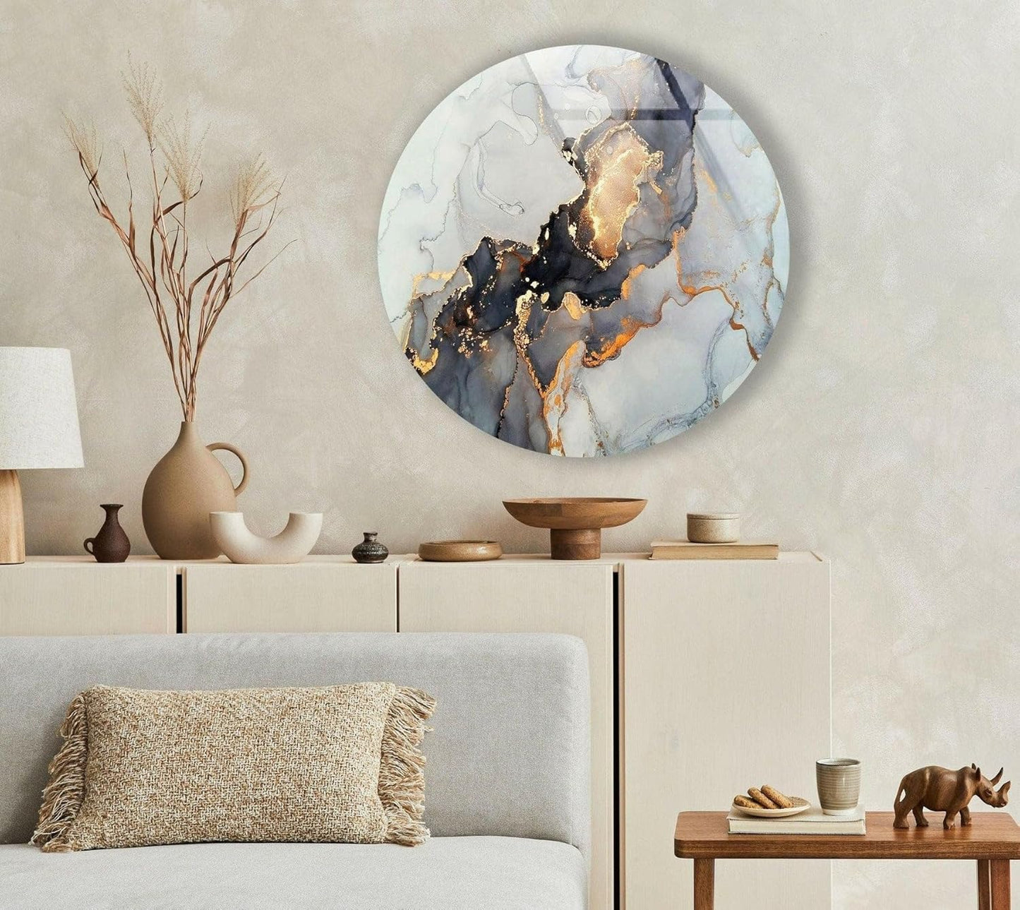 My Photostation.com 15.8''(40cm) Diameter Gold Details Gray Marble Round Glass Wall Art Tempered Glass Printing Wall Decor Large Wall Art Wall Hangings