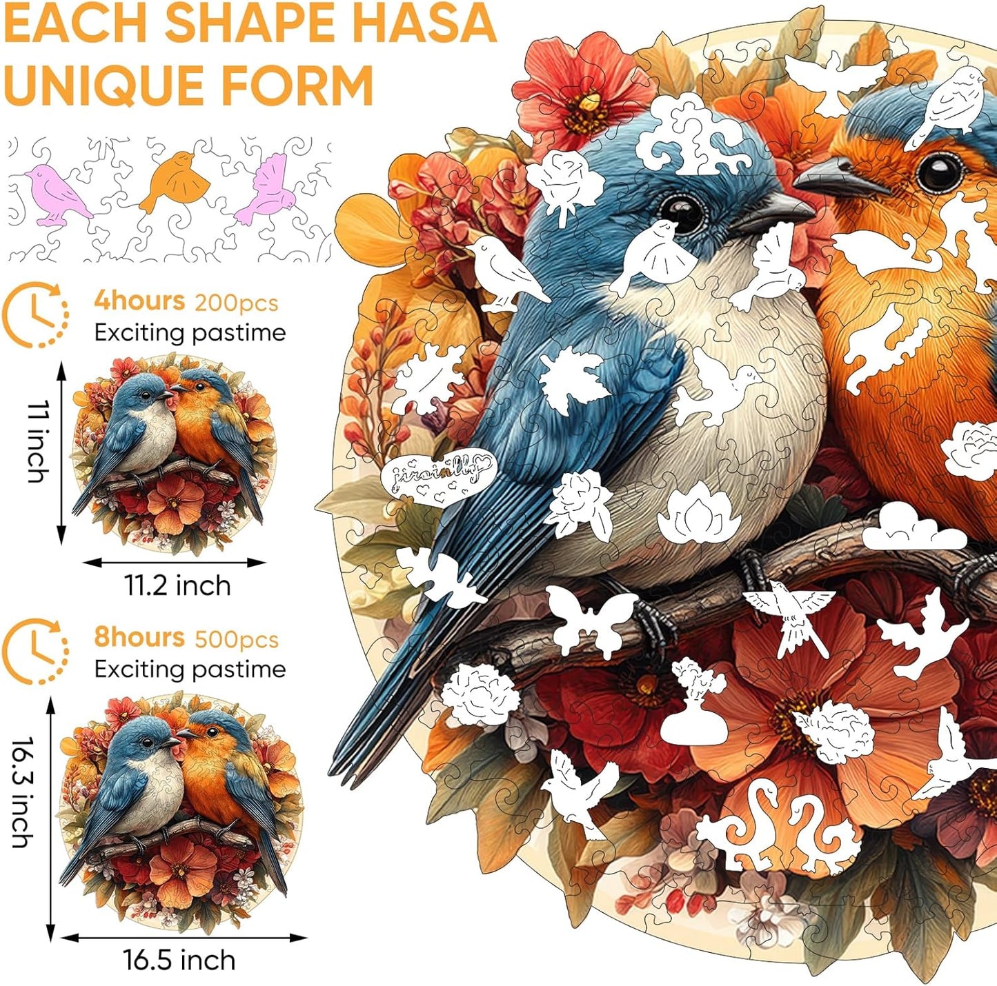 Wooden Jigsaw Puzzles -Twin Birds Wooden Puzzles for Adults, 200 Pcs Size 11.3'' x 11'', Luxurious Shaped Wood Puzzle, Beautiful Package, Best Gift for Adults, Family Game