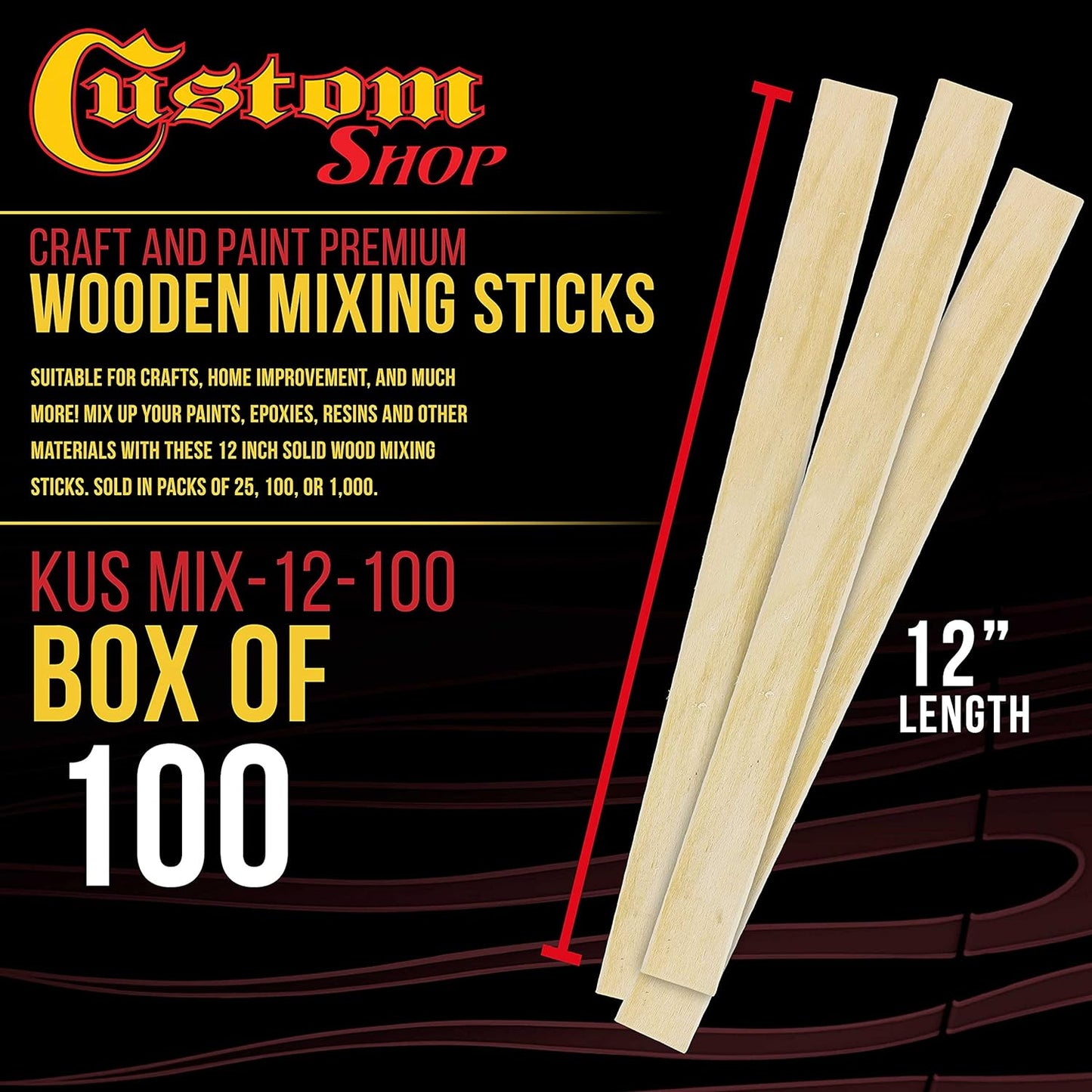 Custom Shop Craft and Paint Sticks - (Pack -100 Sticks) 12" Inch Premium Grade Wood Stirrers/Paddles - Use for Wood Crafts, Mixing Epoxy Resin or Paint, Garden Sign Posts