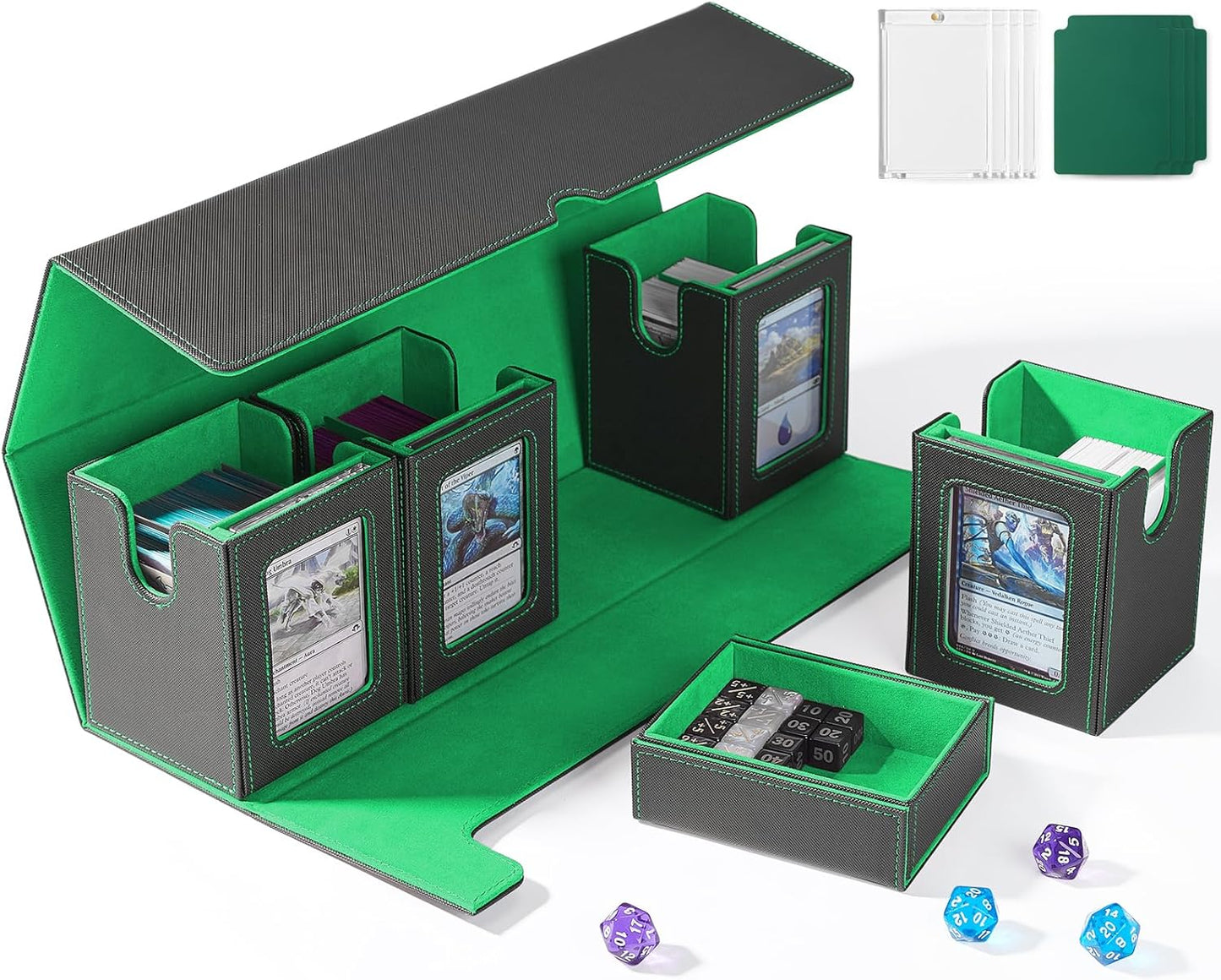 Card Deck Box for MTG with Commander Display, 5 in 1 Card Deck Case Holds 800+ Unsleeved Cards, Strong Magnet Organizer Compatible with Yugioh TCG Sports Cards (Black&Green)