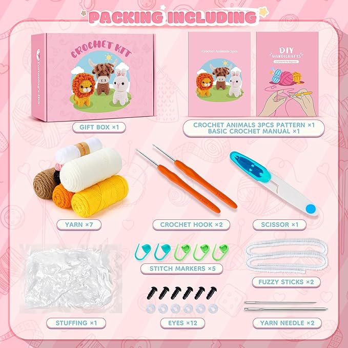 Fortuning's JDS Crochet Kit for Beginners, Amigurumi Crochet Animal Kits, Crocheting Kit for Starters Adult Kids with Step-by-Step Video Tutorials, Animal Kits with Highland Cow, Lion, Bunny
