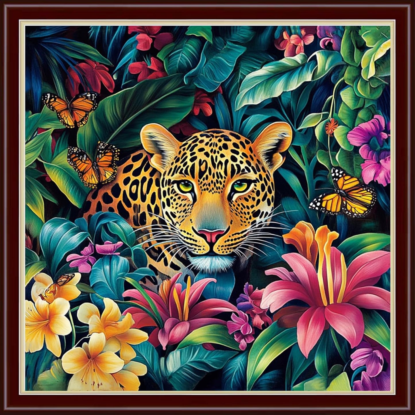 Dimensean Stamped Cross Stitch Kits Full Range of Embroidery Patterns Starter Kits for Beginners Adult or Kids DIY Cross Stitches Needlepoint Kits 11CT-Leopard in Flowers 18x18 inch