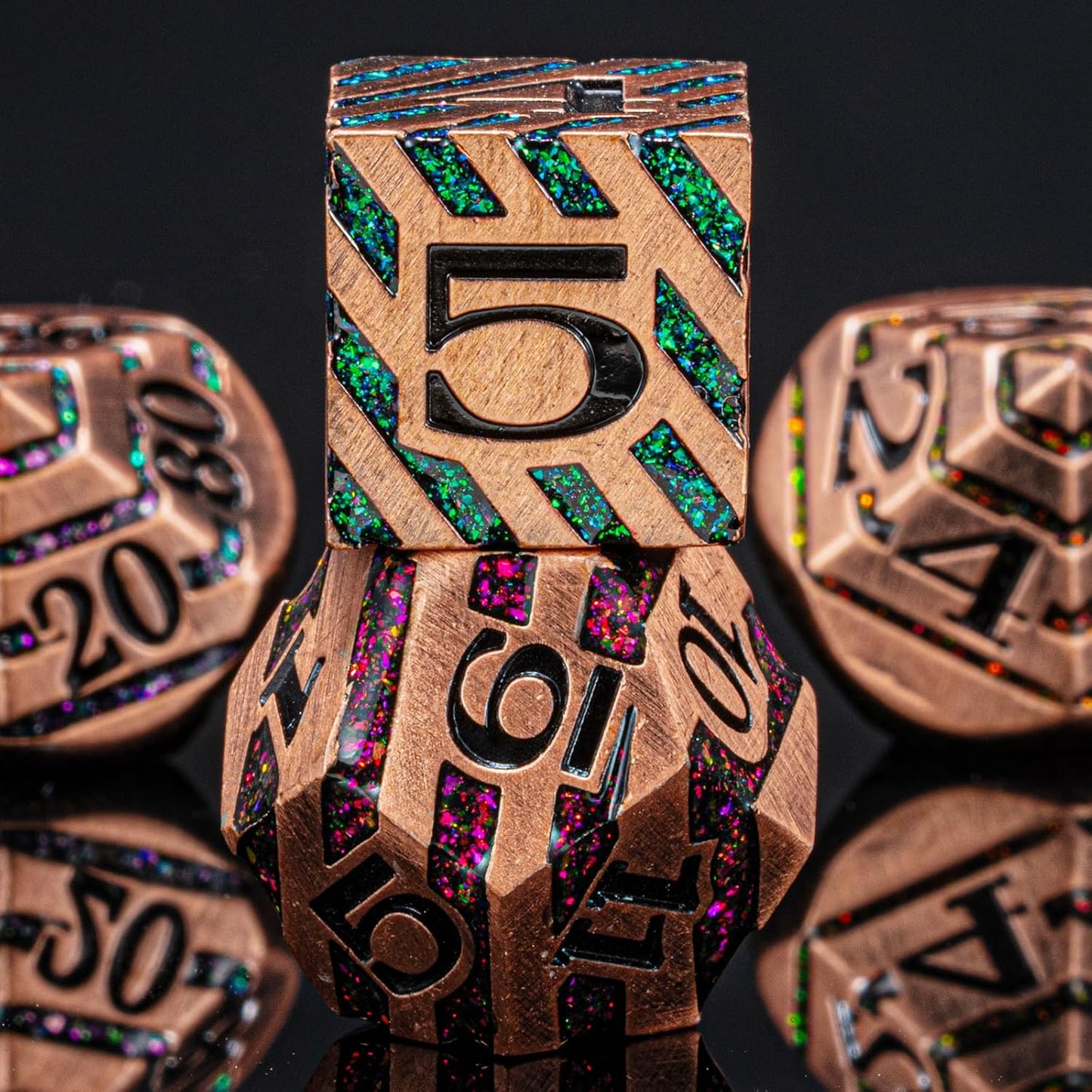 Metallic Glitter Stripes D&D,DND Metal Dice,7pcs Polyhedral Dice Set with Gift Case for D&D Tabletop Game (Antique Red Copper Seven Colors)