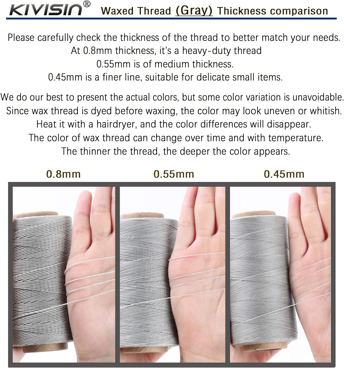 Thin Wax Polyester Thread, 0.45mm, 547 Yards, 3 Ply Round Waxed Cord Strings for Sewing, Beading, Binding, Micro Braiding, Fine Leather Craft and Micro Macrame Jewelry - Gray