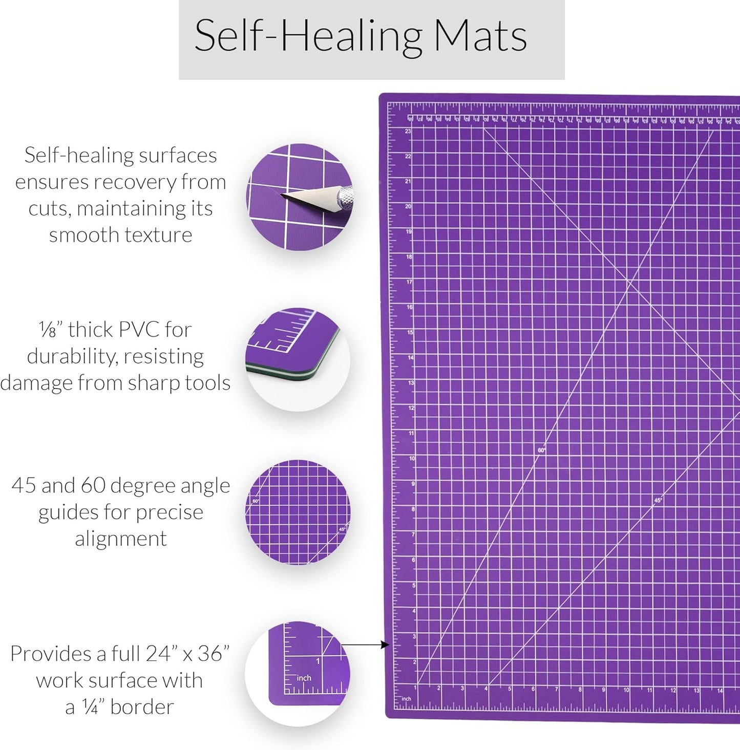 Breman Precision 24x36 Inch Self Healing Cutting Mat - 2-Sided 5-Ply PVC Purple/Gray Cutting Mats for Crafts, Sewing, Quilting and DIY Projects - Durable and Non-Slip Design with Precise Grid Lines