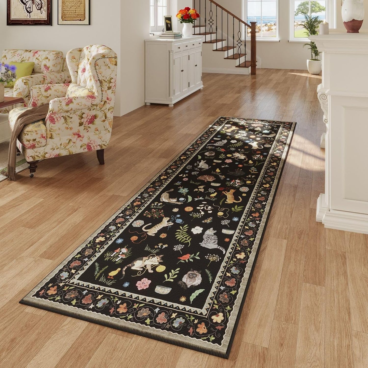 Rugcomf Runner Rug for Kitchen Non Slip 2'x6' Washable Rugs with Rubber Backing Soft Floral Animal Cat Carpet Runner for Kitchen Laundry Bedroom Bathroom, Black