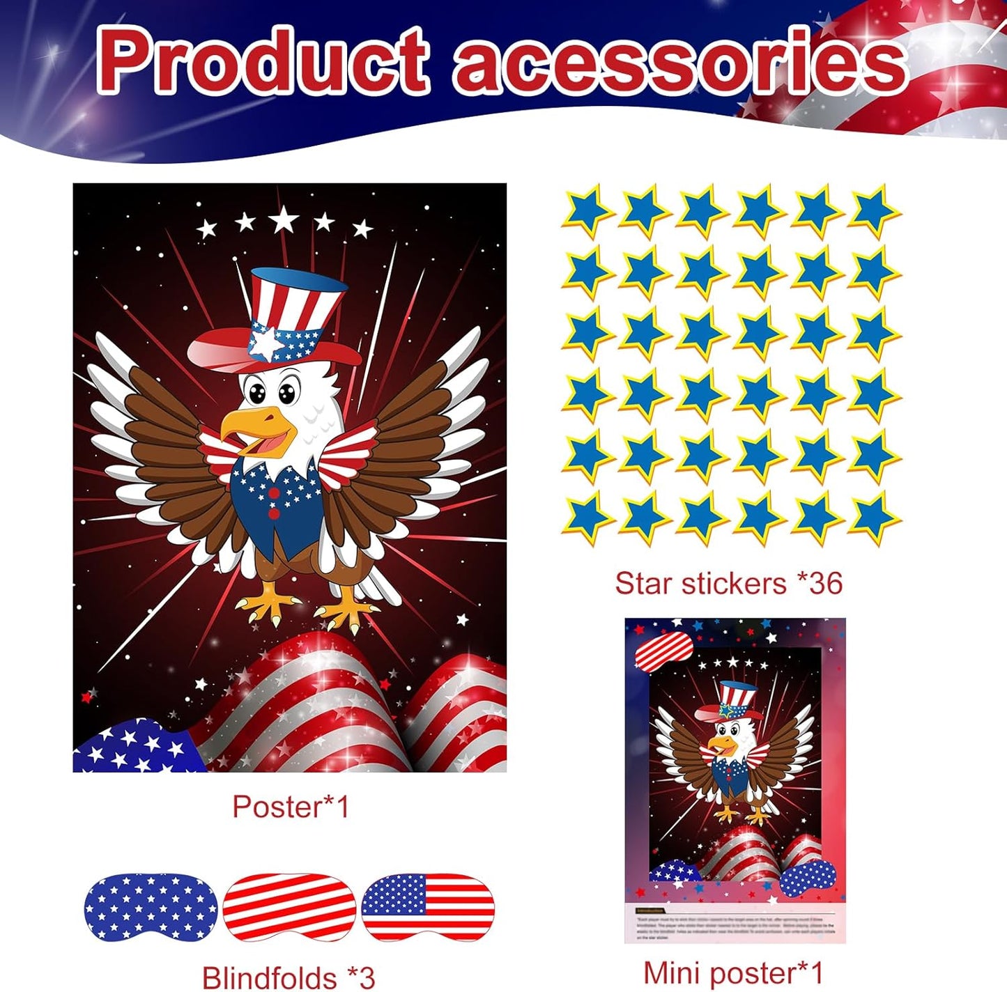 ASTARON Pin The Tail Game Pin The Star on The Eagle Party Game with 36 Stickers for Kids Birthday Party Supplies