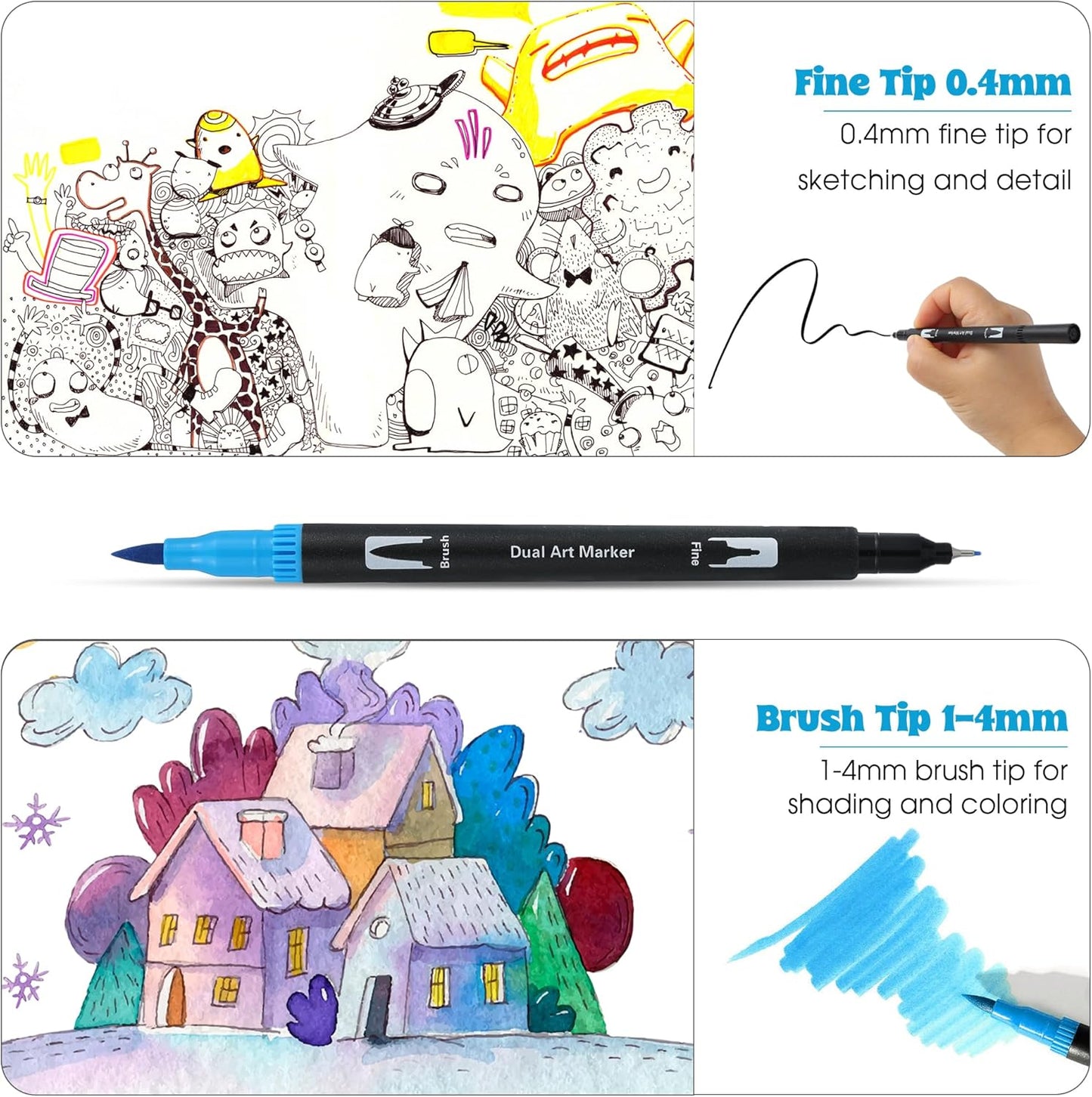 72 Colors Dual Tip Markers Set, Water-Based Ink Brush & Chisel Double Tipped Art Markers for Kids Adults Beginners & Artists in Sketching, Coloring, Note-taking