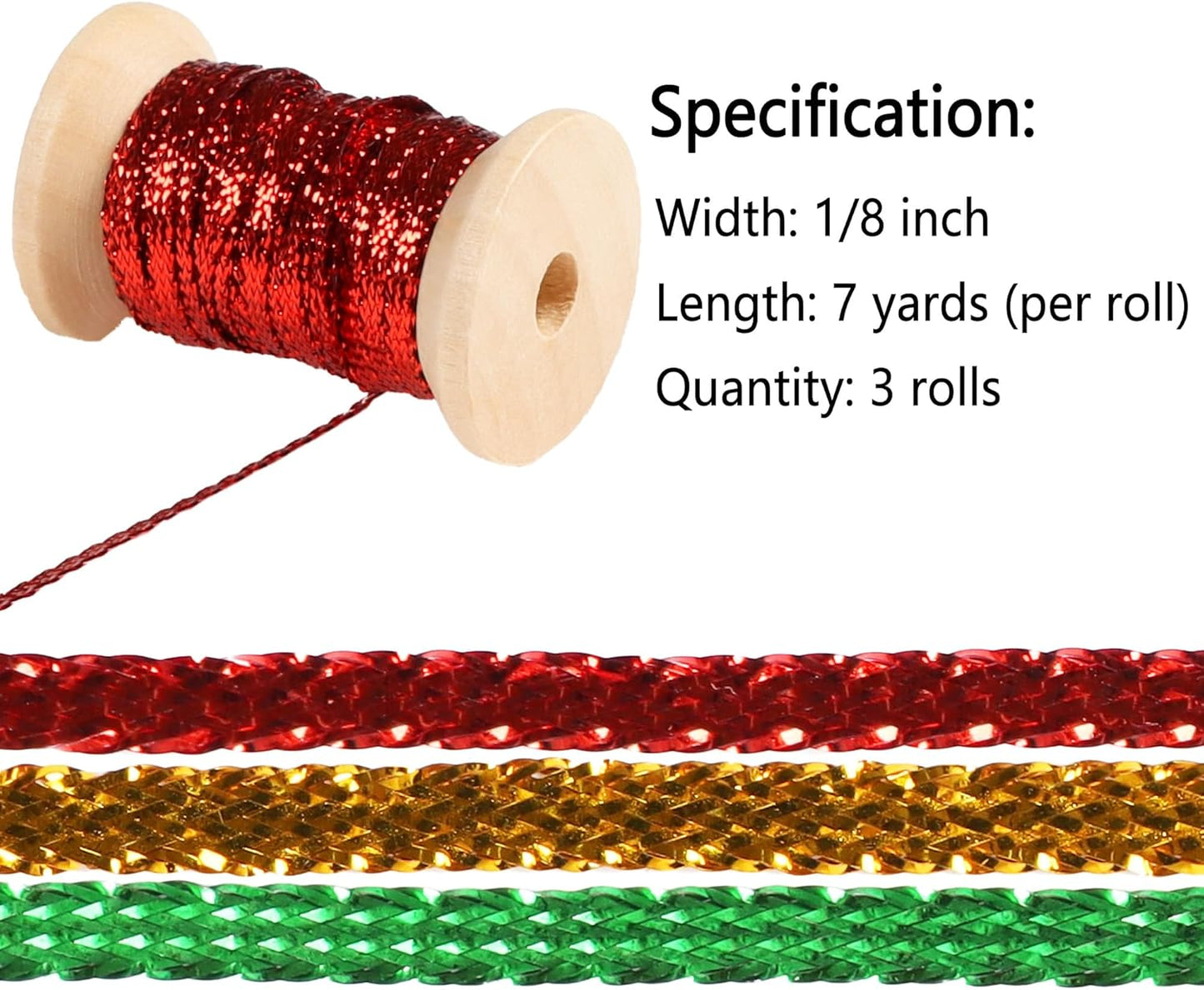 Christmas Set Thin Ribbon 1/8 inch Metallic Braided Double Faced Ribbons Curling Ribbons for Balloon String Crafts Gift Wrapping Party Wedding Christmas Ornaments Decoration 7 Yard x 3 Rolls