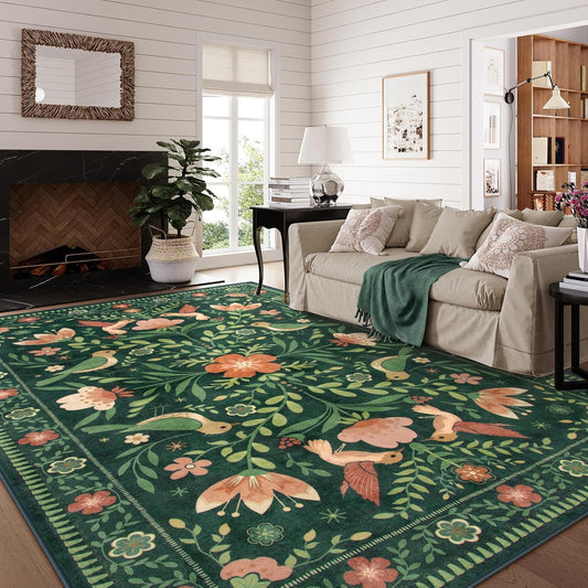 Morebes Washable Rugs 9x12 for Living Room, Large Bird Floral Area Rug Non Slip, Soft Boho Ultra-Thin Insect Carpet for Bedroom Home Office Dining Room Farmhouse, Green