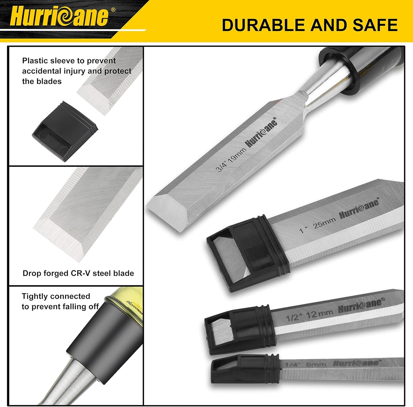 HURRICANE 4 Piece Wood Chisel Set for Woodworking. CR-V Steel Beveled Edge Blades with Safety Caps. Extra Large Grip, Impact-Resistant PVC Handle Chisels (1/4", 1/2", 3/4", 1")