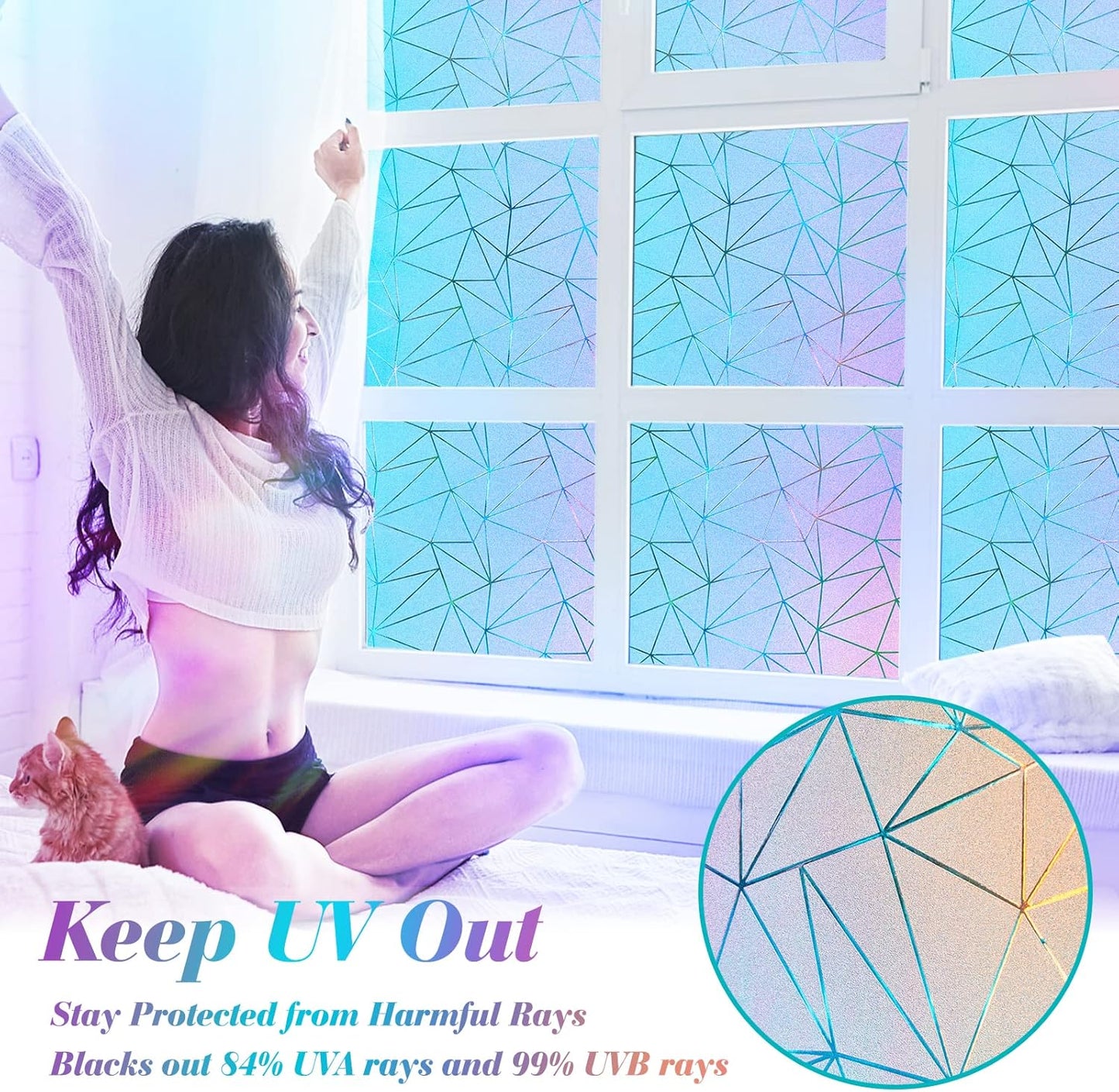 Coavas Rainbow Window Privacy Film, Frosted Glass Static Cling, Decorative for Bathroom Door, UV Blocking Window Cling, Non-Adhesive Vinyl Sticker, Day and Night Windows Tint for Home, 35.4x78.7 Inch