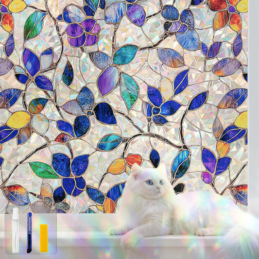 Stained Glass Window Privacy Film Decorative Rainbow Static Clings – Ideal for Home & Office, Adhesive-Free, Removable, UV-Blocking (Purple Rainbow, 17.5 X 78.7 in)