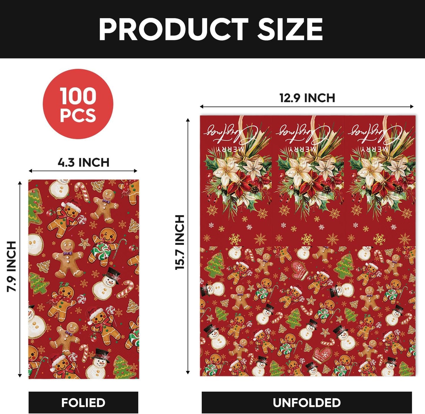 Horaldaily 100 Christmas Disposable Paper Decorative Guest Napkins, Gingerbread Man Hand Towel for Party Lunch Dinner Kitchen Bathroom