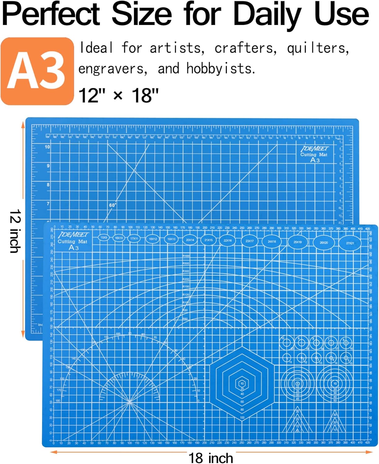 Density-upgraded 18"x12" Self Healing Cutting Mat, Idemeet Rotary Sewing Mat for Crafts, 5-Ply Blade Table Protector Cut Board for Fabric Leather Cutting Quilting Modeling Hobby Project, A3, Blue