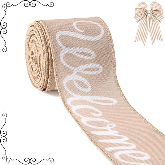 Burlap Ribbon Wired, Farmhouse Rustic Welcome Ribbon for Gifts Wrapping DIY Crafts Floral Bows Wreath Making Party Supplies Holiday Home Decoration, 2.5 Inch x 10 Yards