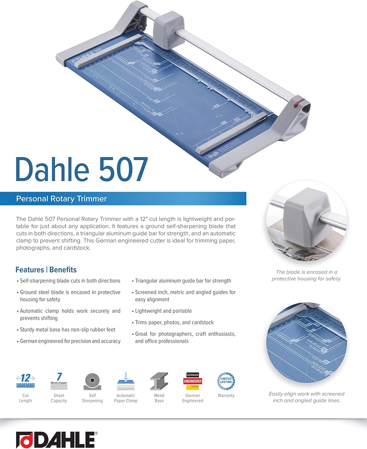 Dahle 507 Personal Rotary Trimmer, 12" Cut Length, 7 Sheet Capacity, Self-Sharpening, Automatic Clamp, German Engineered Paper Cutter