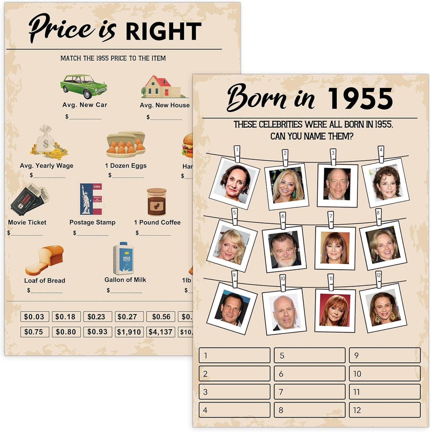 70th Birthday Party Games, Set of 2 Activities for 15 Guests, Born in 1955 Games Bundle, Birthday Party Supplies for Adults, Pack of 30 Cards