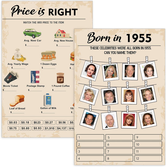 70th Birthday Party Games, Set of 2 Activities for 15 Guests, Born in 1955 Games Bundle, Birthday Party Supplies for Adults, Pack of 30 Cards