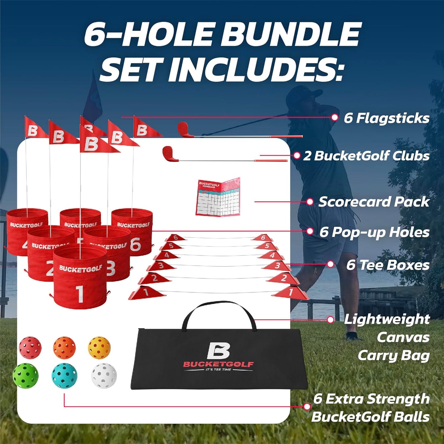 bucketgolf Game 6 Hole Bundle with Clubs - The Best Backyard Golf Game for All Ages and Levels Adults, Kids, Families, Schools, Yards, Parks, Beaches, Vacation. (2 Clubs (1RH + 1 LH))