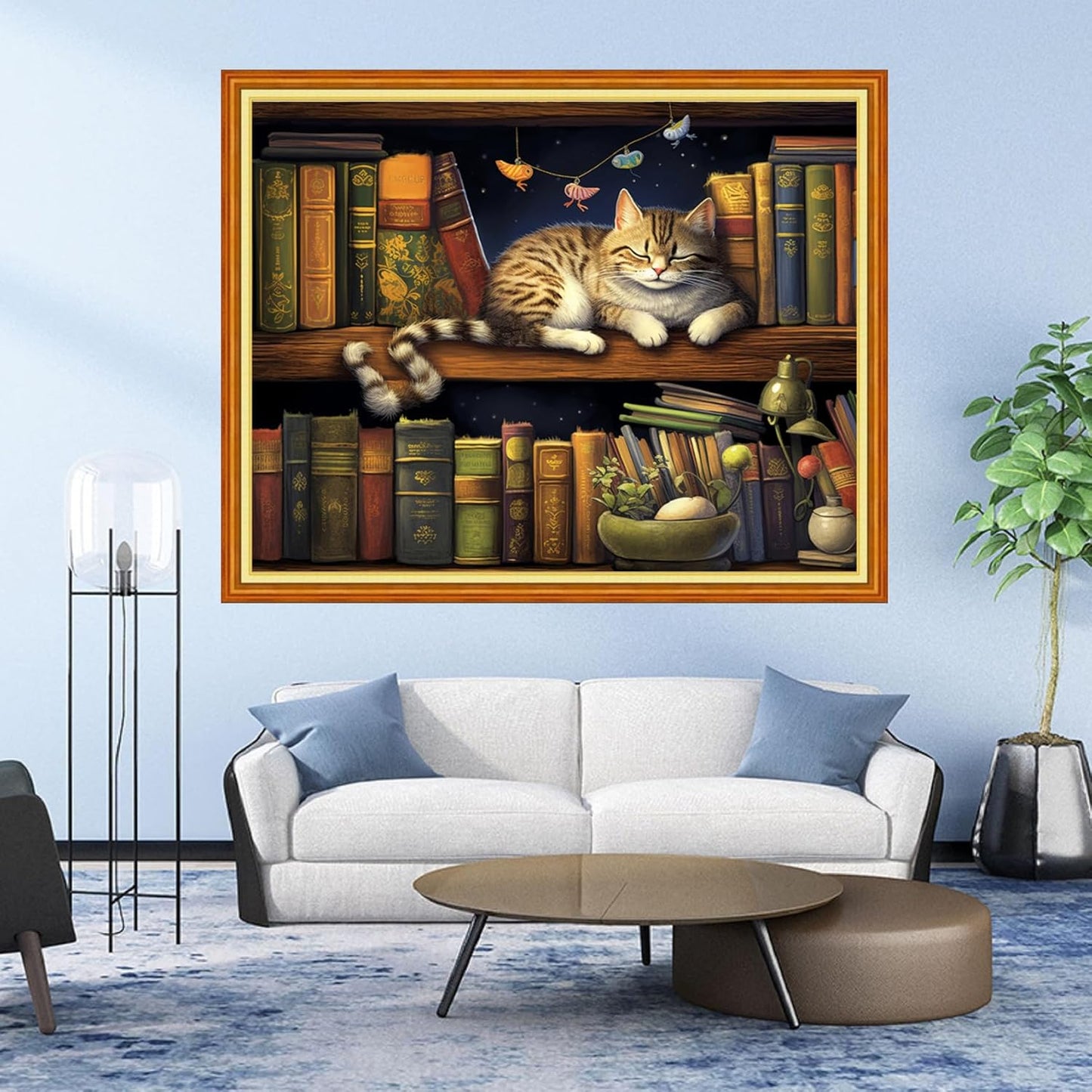 DMCVIVR Stamped Cross Stitch Kits for Adults Beginners Embroidery Kits 11CT Needlepoint Kits Cross Stitch Patterns Embroidery Patterns& Bookshelf Cat 16x20 inch