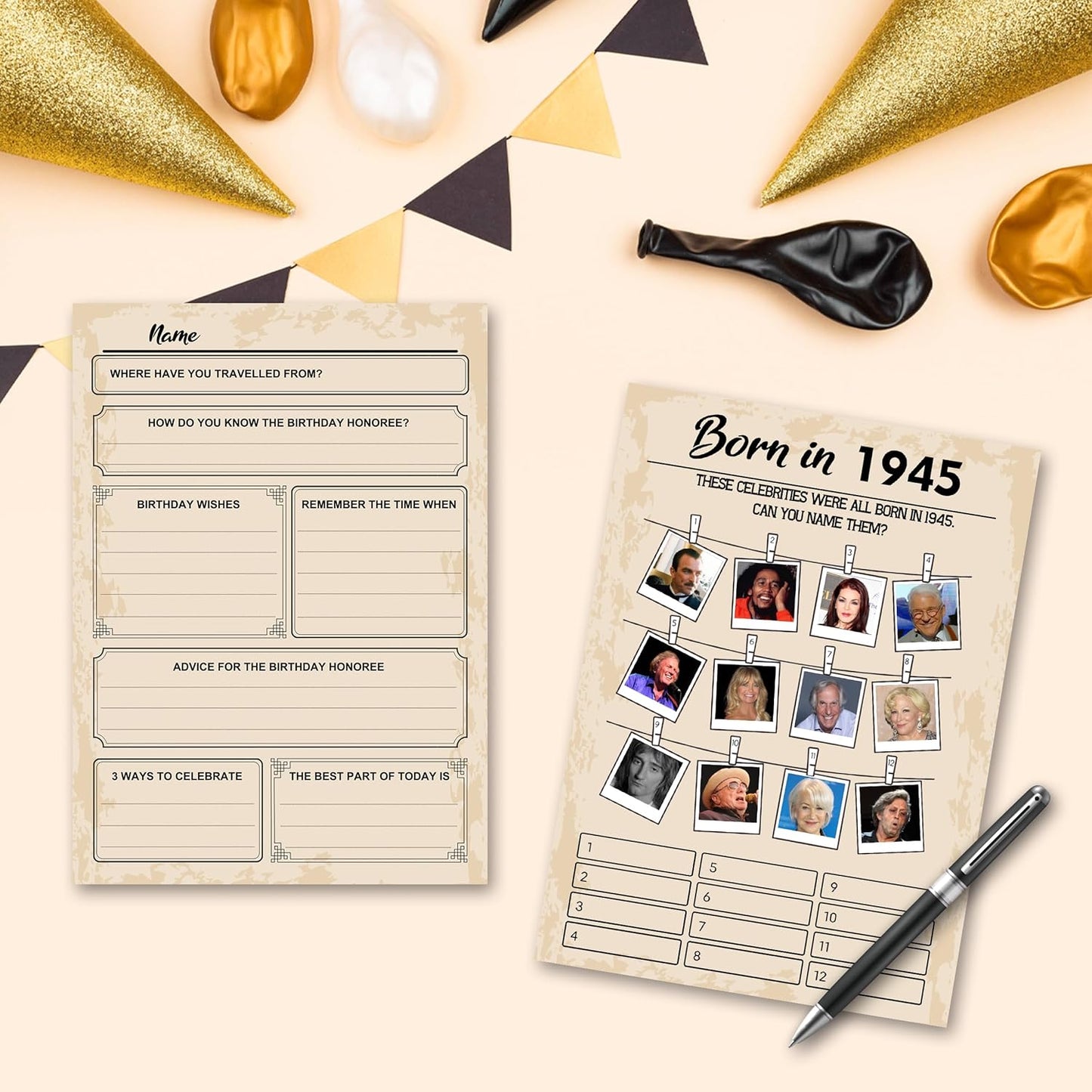 80th Birthday Party Games, Set of 5 Activities for 10 Guests, Born in 1945 Games Bundle, Birthday Party Supplies for Adults, Pack of 50 Cards