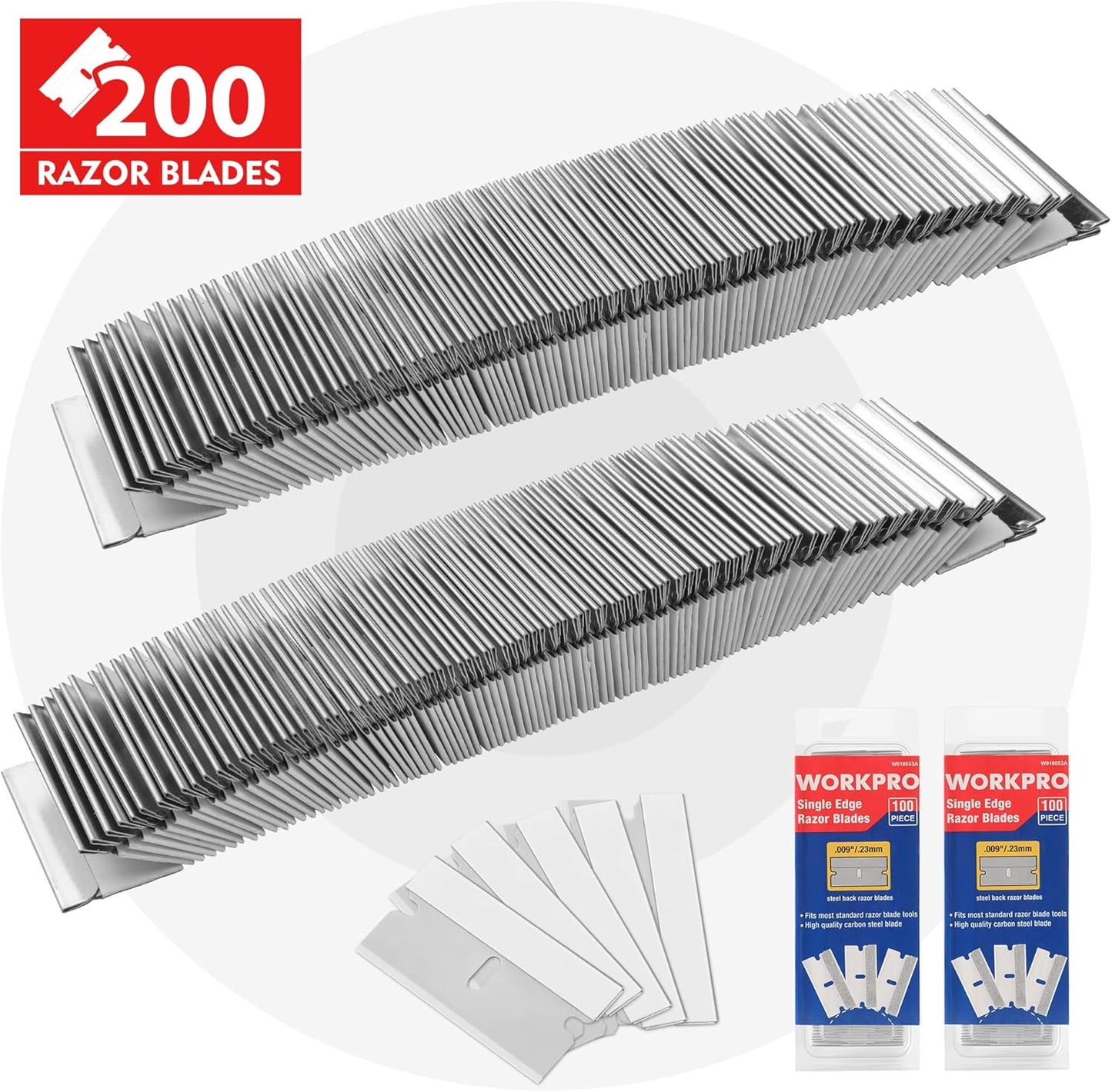 WORKPRO 200-Pack Single Razor Edge Blades, Industrial Scraper Razor Blades, High Carbon Steel One Edge Razor Blades