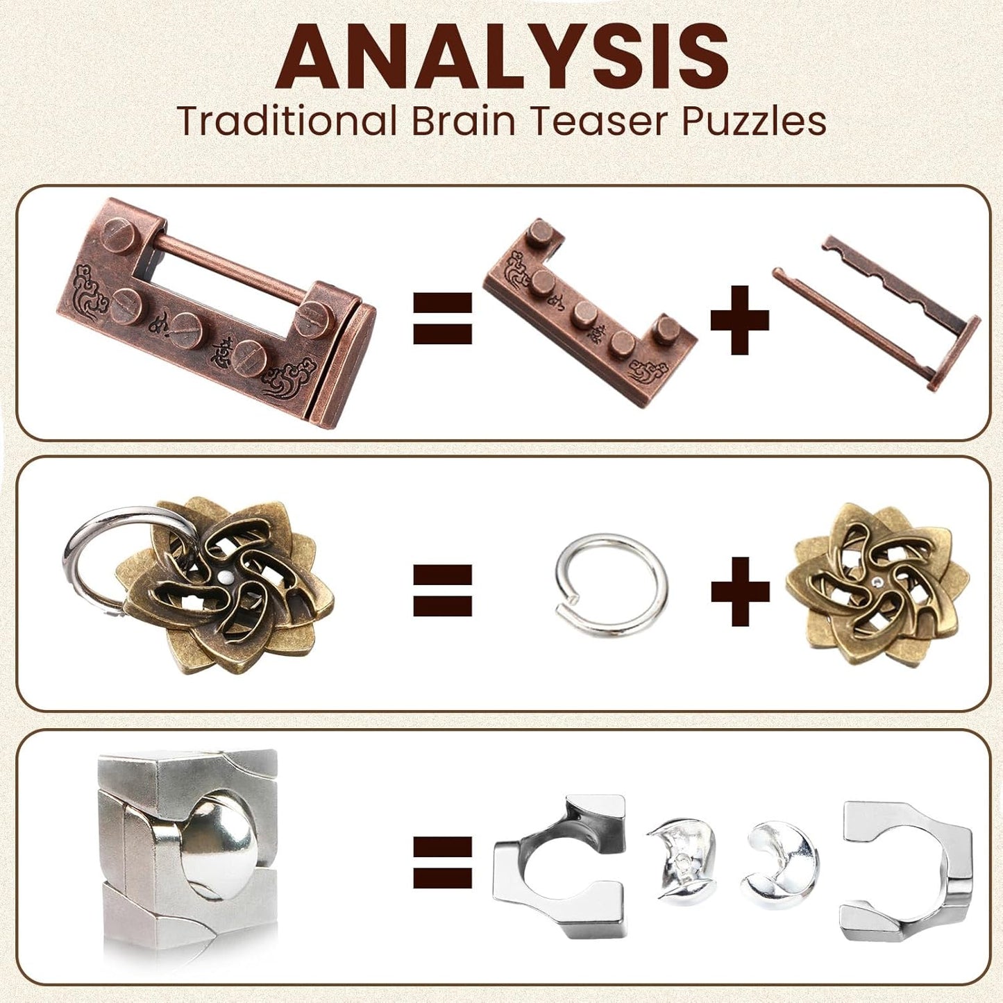 Wettarn 9 Pcs Metal Brain Teaser Puzzles Teaser 3D Steel Puzzle for Adults Unlock Interlocking Games IQ Education Smart Logic Test Toys for Adults Mind Challenge(Educational Style)