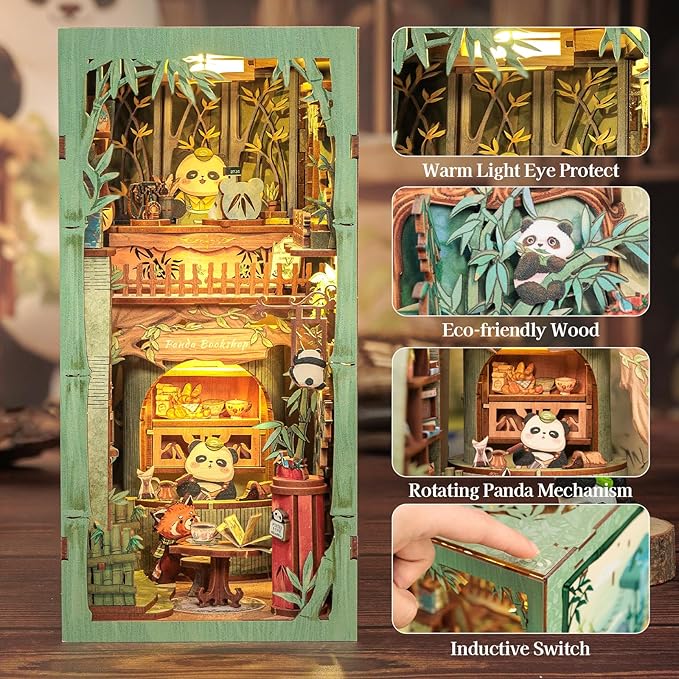 Fsolis Book Nook Kits, DIY Miniature House Kit 3D Wooden Puzzles for Adults Bookshelf Decor Decorative Bookend Gifts for Women Teenagers Book Lovers（Panda Bookshop）
