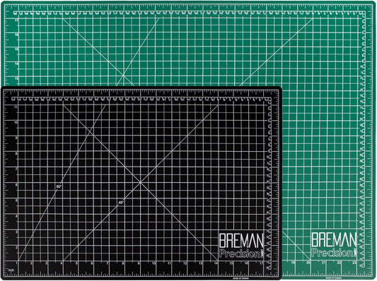 Breman Precision 12x18 & 18x24 Inch Self Healing Cutting Mat - 2 Pack Green/Black Cutting Mats for Crafts, Sewing, Quilting & DIY Projects - 2-Sided 5-Ply PVC - Non-Slip Design with Precise Grid Lines