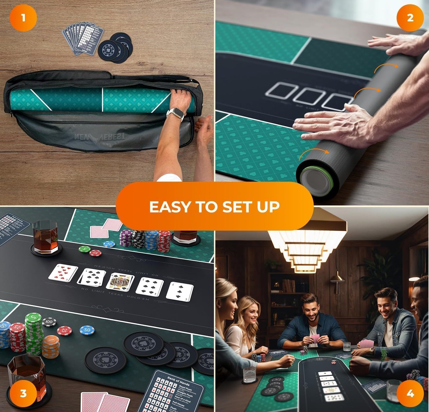 Newverest Poker Table Top 70" x 35", Texas Hold'em Poker Mat for Home Game Nights Up to 10 Players, Blackjack, Casino | Poker Topper for Tables in Zipper Storage Bag with 8 Coasters in Gift-Ready Box
