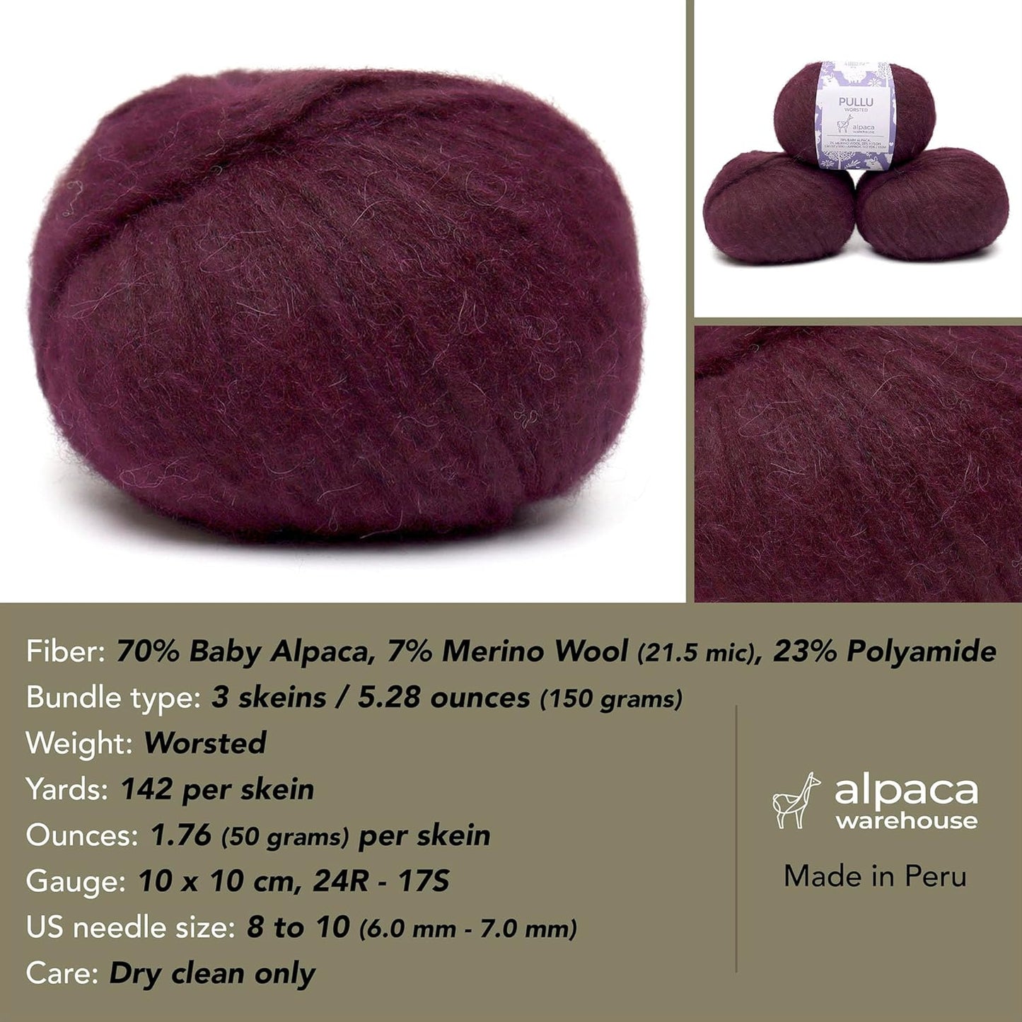 Pullu - Baby Alpaca Merino Wool Yarn Set of 3 Skeins (150 Grams) Worsted Weight - Sourced Directly from Peru - Heavenly Soft and Perfect for Knitting and Crocheting (Plum)