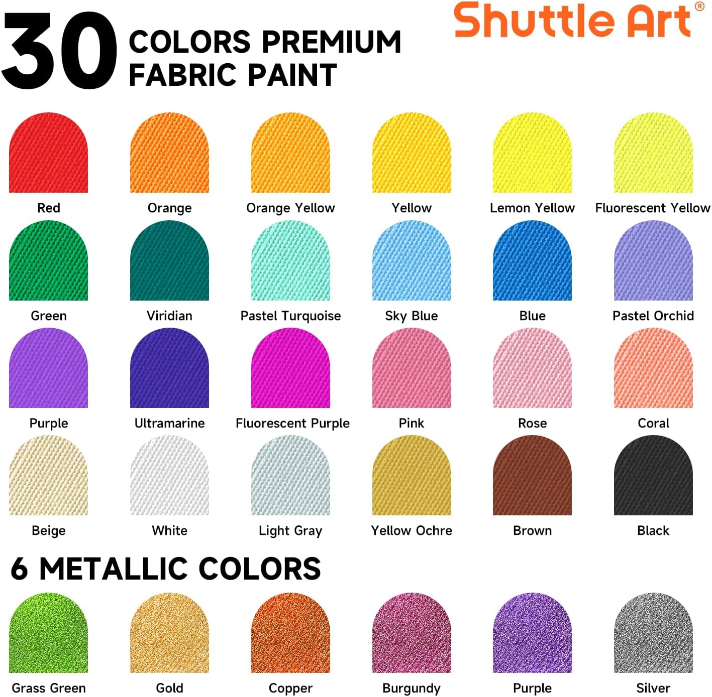 Fabric Paint, Shuttle Art 30 Colors Permanent Soft Fabric Paint in Bottles (60ml/2oz) with Brushes, Palette, Stencils, Non-Toxic Textile Paint for T-shirts, Shoes, Jeans, Bags, DIY Projects&Art Crafts