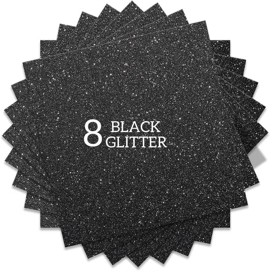 Black Glitter HTV Heat Transfer Vinyl Bundle 8 sheets-12 x12 Iron on Vinyl for T Shirts Hats Clothing Compatible with Cricut Cameo Heat Press Machine