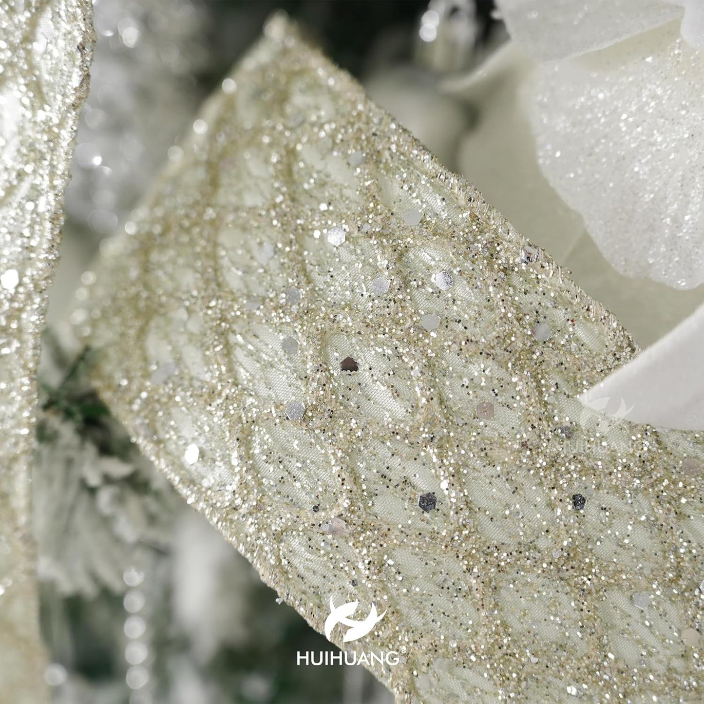 HUIHUANG Champagne Glitter Wired Ribbon for Christmas Tree 2.5 inch Light Champagne Diamond Mesh Ribbon for Tree Decoration, Wreaths, Garland, Gift Wrapping, Bows Making, Home Decor -10 Yards