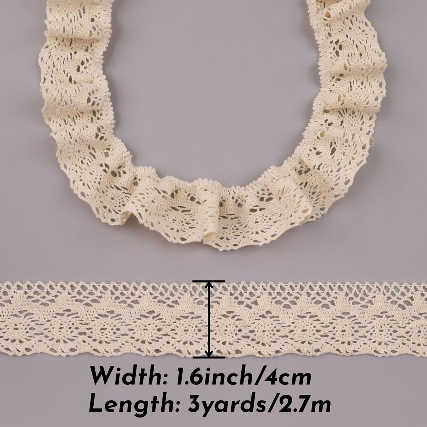 Beige Ruffle Lace Trim 1.6''x3yds Gathered Elastic Lace Ribbon for Sewing Crafts, Apparel Home Decor