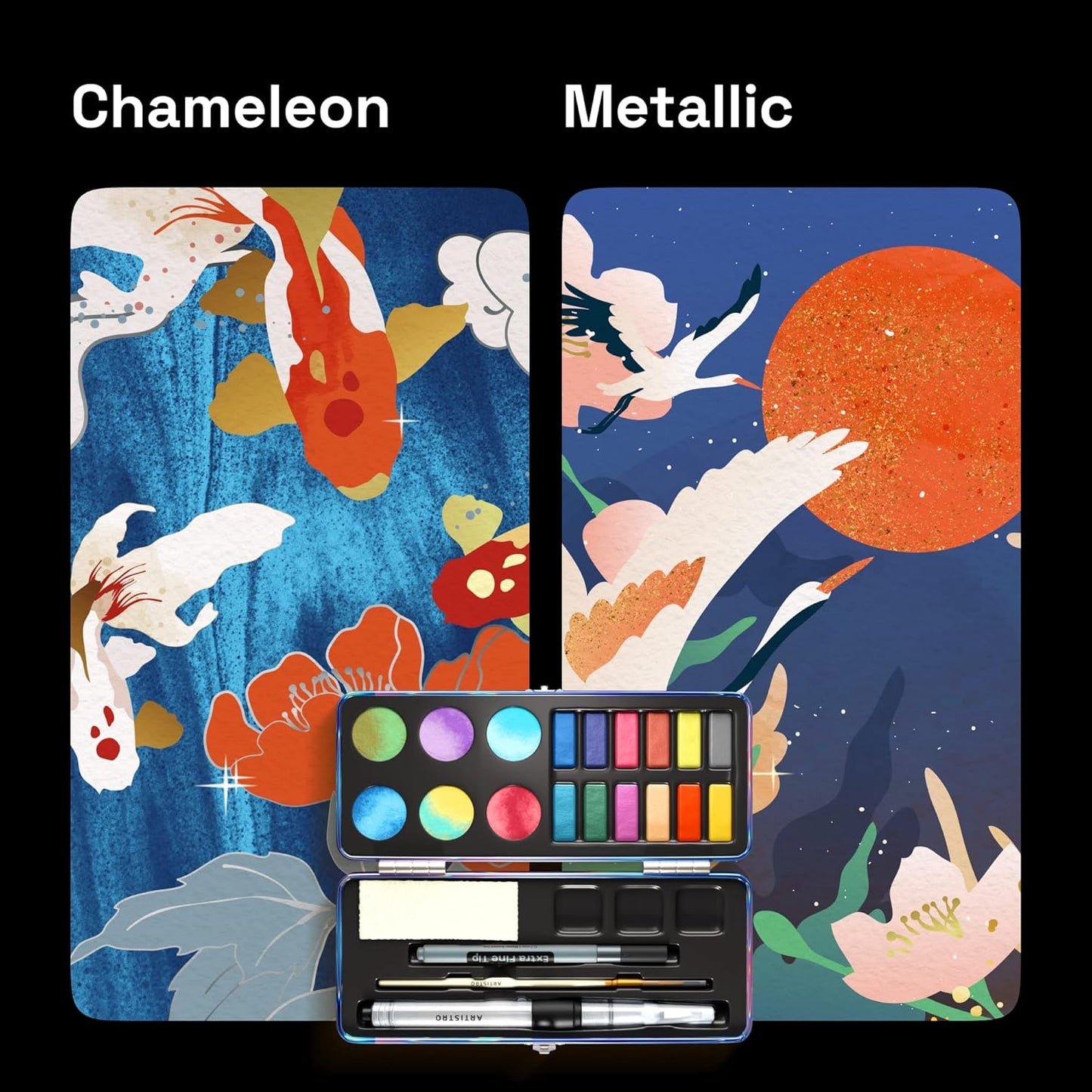 ARTISTRO Metallic Watercolor Paints Set of 18, Palette set Including 12 Metallic Glitter Watercolor and 6 Chameleon Colors. Perfect Travel Watercolor Set for Artists, Amateur Hobbyists and Painting Lovers