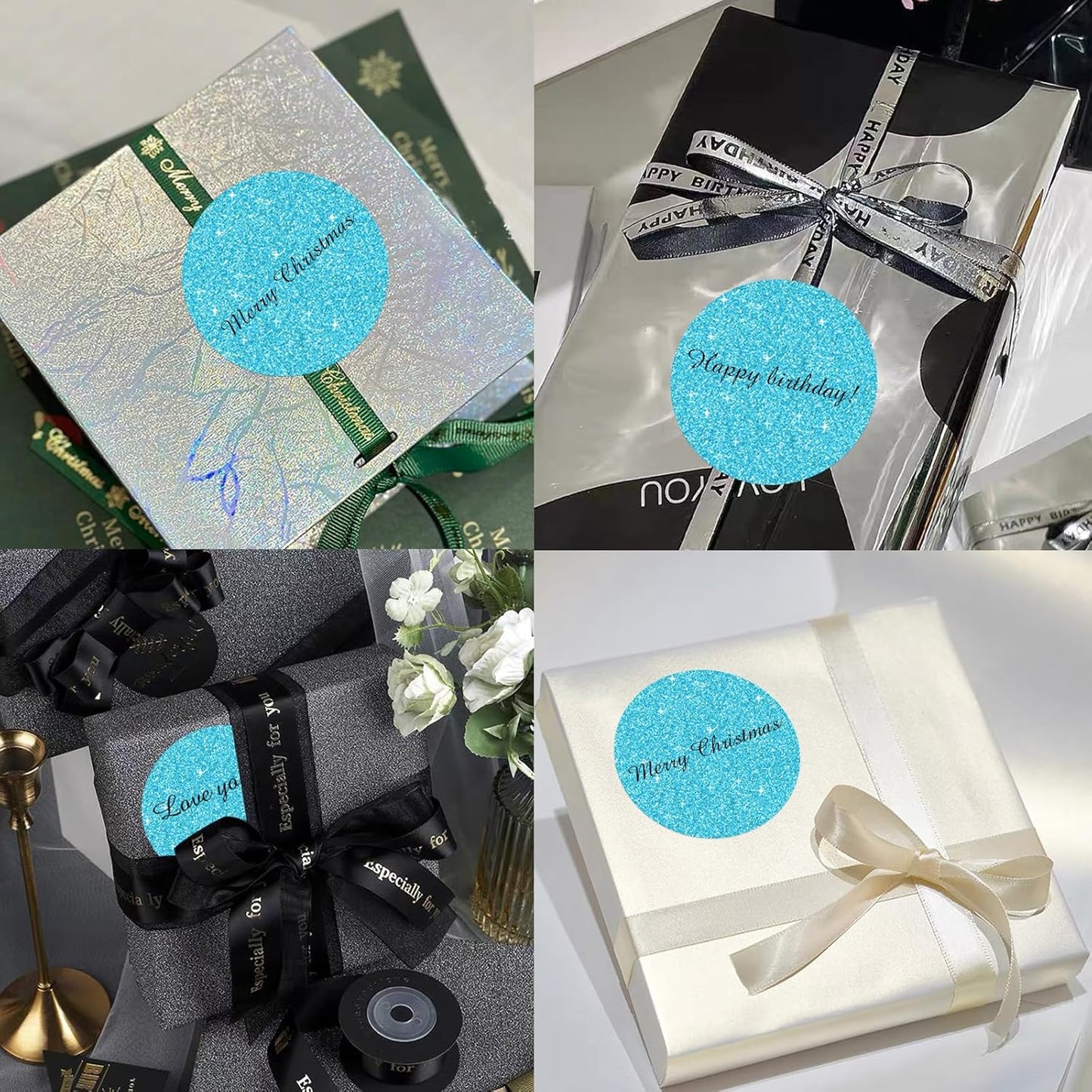 3" Holographic Thermal Label Stickers, Round Direct Thermal Label Stickers, Glitter Thermal Printer Sticker Labels for Gift Wrapping, Self-Adhesive Custom Logo Design- Glitter Blue