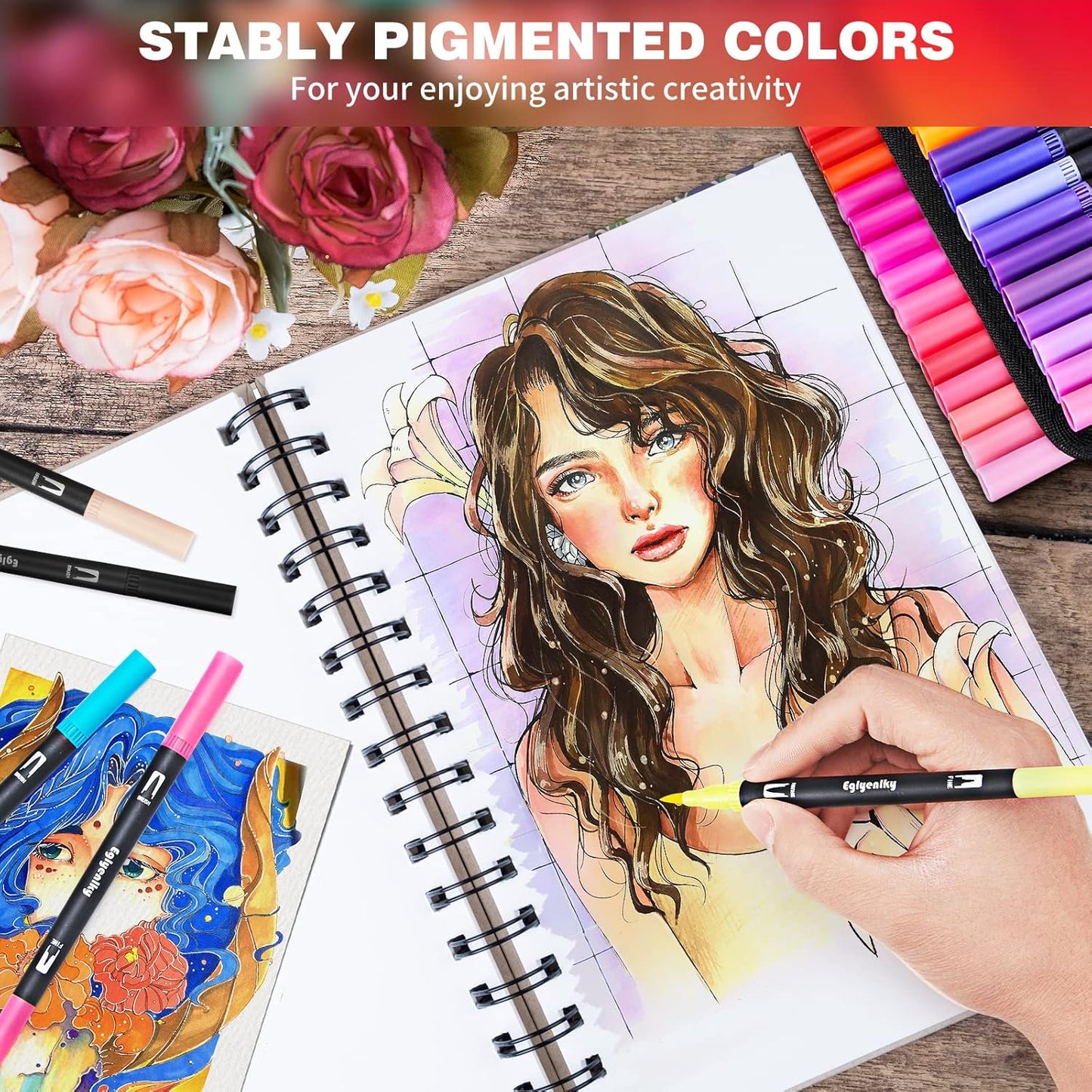 Dual Brush Pens, Markers Adult Coloring Book,100 Colors Art Pens with Fine Point Markers and Brush Tip for Adult Kids Drawing (Black Set)