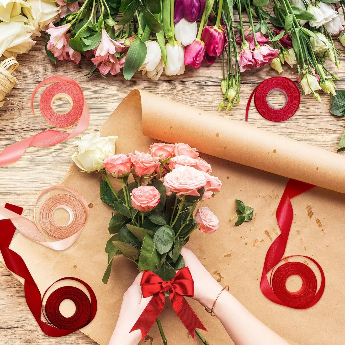 1-1/2 Inch Red Satin Ribbons for Crafts, 6 Rolls Single-Faced Red Assorted Ribbons for Gift Wrapping Flower Bouquet Wedding Invitations Bridal Shower Hair Bows Garland Party Decor