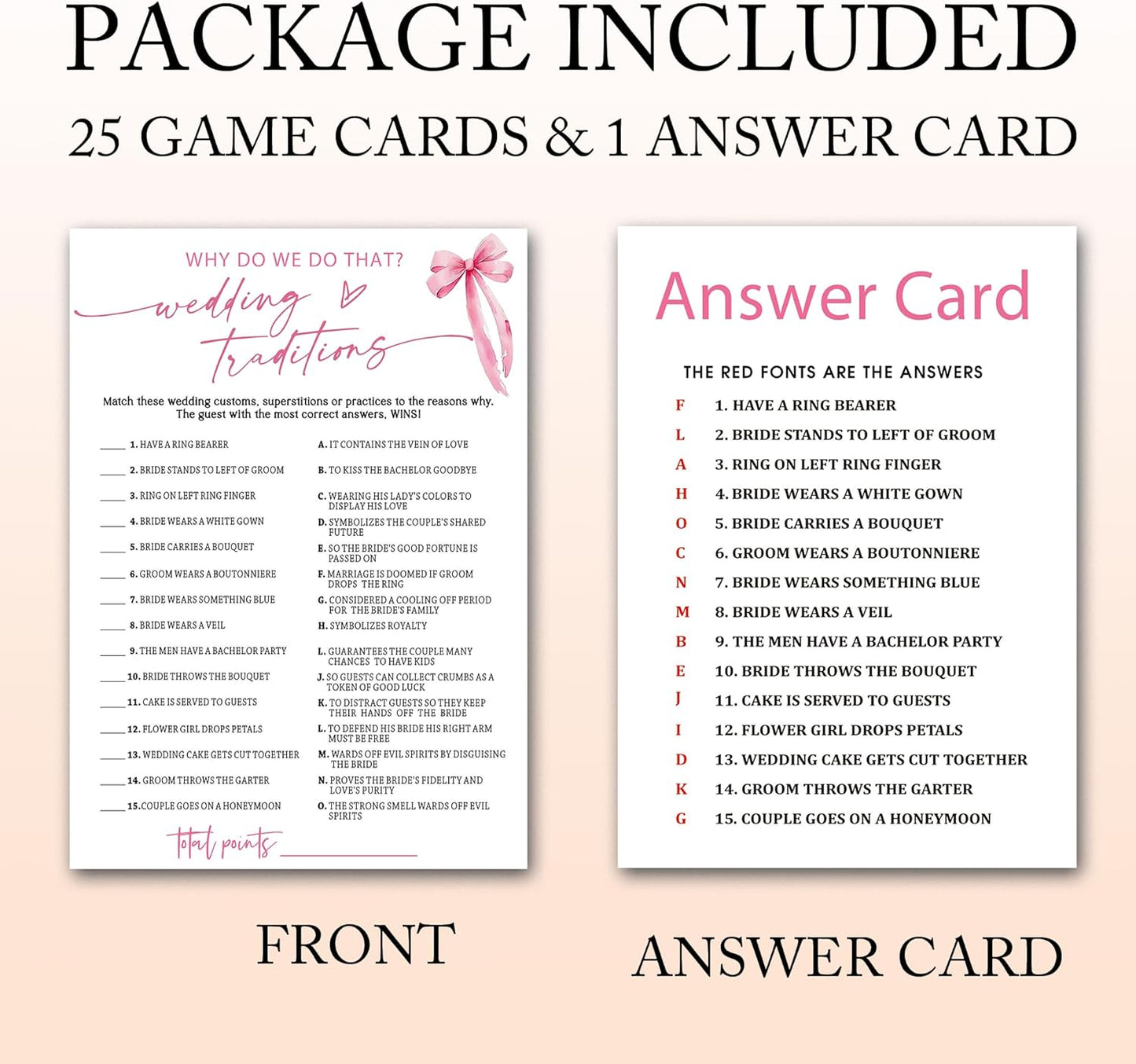 Bridal Shower Games Cards, Wedding Traditions Why Do We Do That, 25 Cards with 1 Answer Card, Engagement Party Games for Guests, Pink Ribbon Bow Wedding Party Supplies - E08