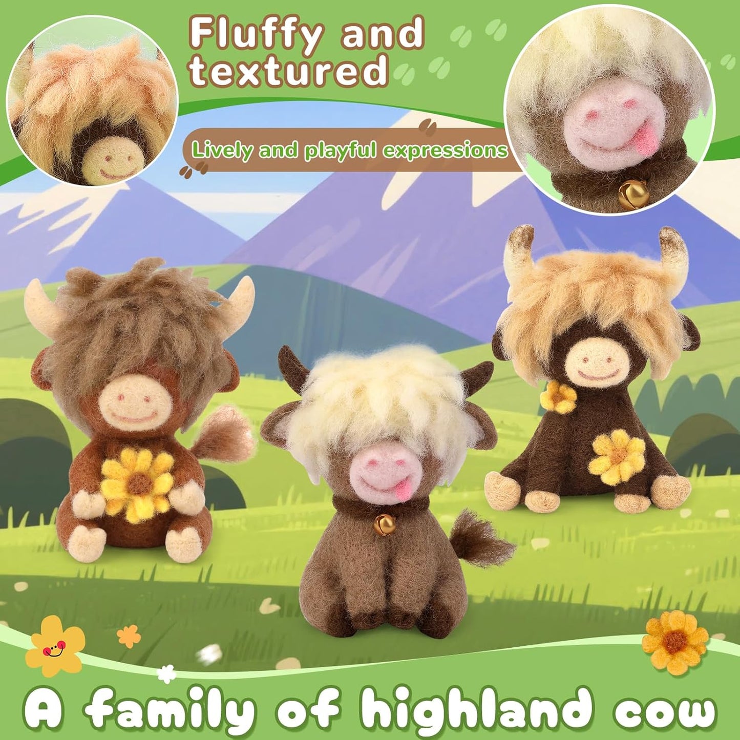 Yizzvb Needle Felting Kit, Highland Cow Family Needle Felt Beginner Kits with Instruction, Wool, Felting Needles, Felting Pad, Wool Felting Kits for Beginners Home Decoration